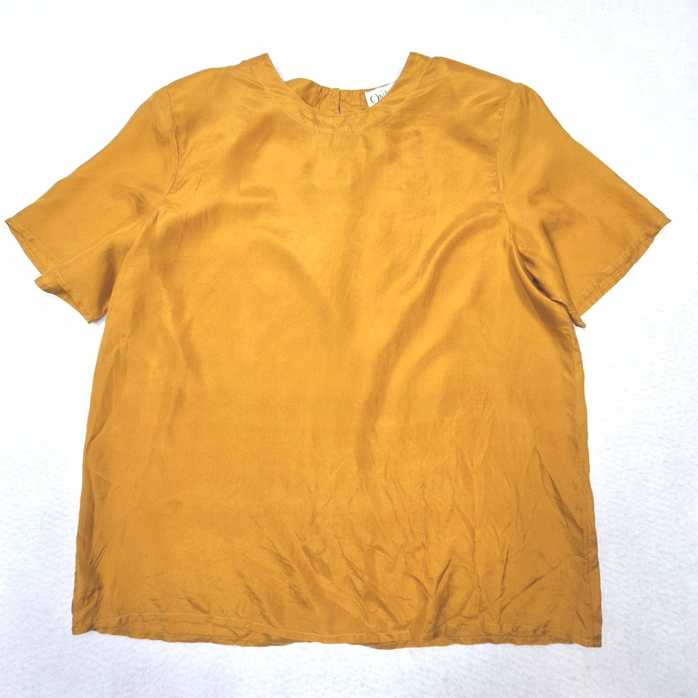 Oni-Wear Blouse Womens Large Mustard Yellow 100% Silk Short Sleeve Top